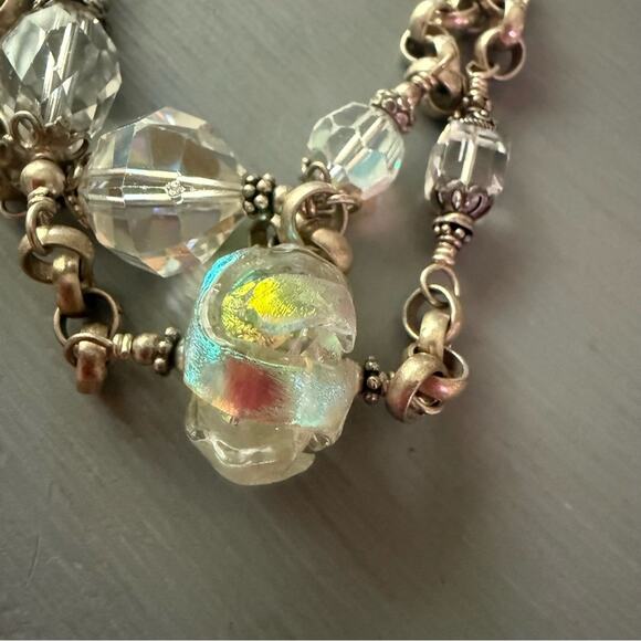 925 Sterling Silver Clear Opalescent Beaded Chainlink Multi Chain Bracelet - Picture 3 of 8